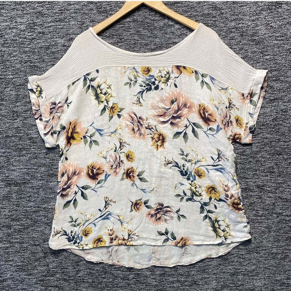 Lungo Larno Italy Floral Blouse Womens 1X Ivory Linen Crochet‎ Cottagecore Boho